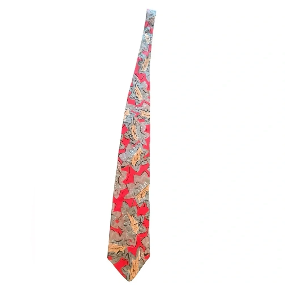 ❤️CHRISTIAN DIOR stylish vintage colorful men’s silk tie. Red. tan, Gray-teal.